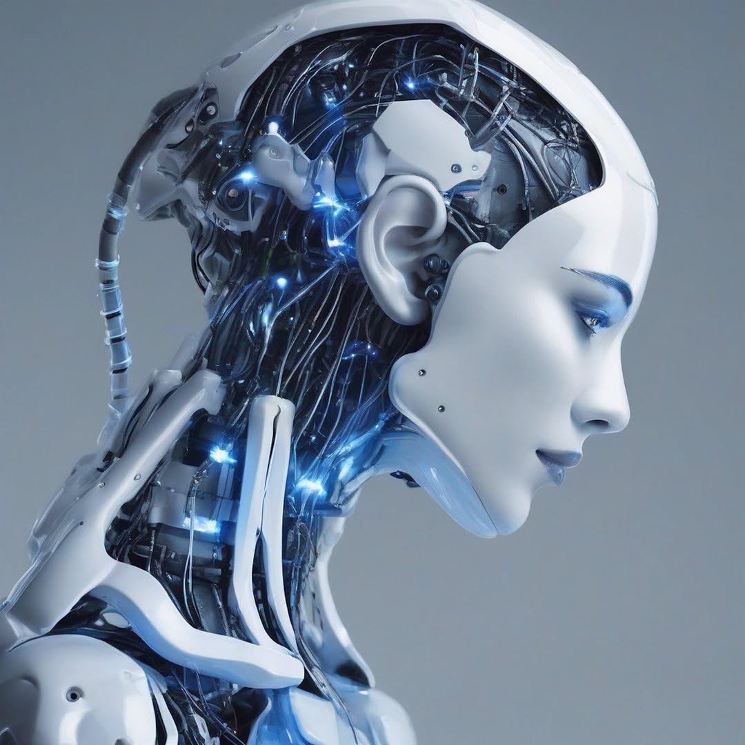 Close-up of a futuristic robot head with exposed wiring and blue lights, symbolizing AI.