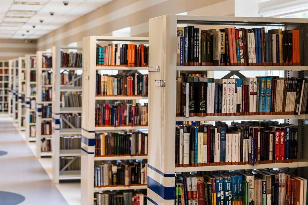 Library shelves filled with books, suggesting a place for learning and research.