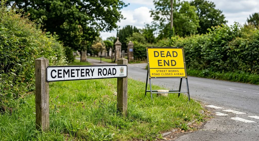 Dead end sign on Cemetery Road, indicating road closure.