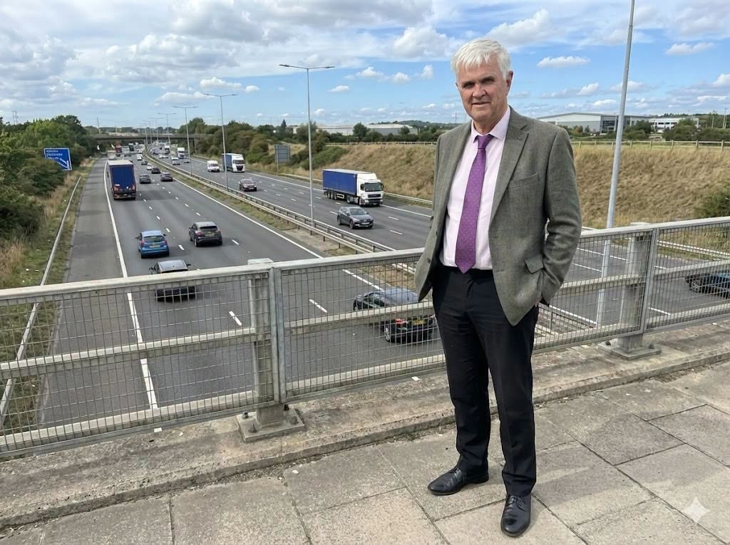 Man standing on overpass overlooking busy motorway, barriers to New Forest travel