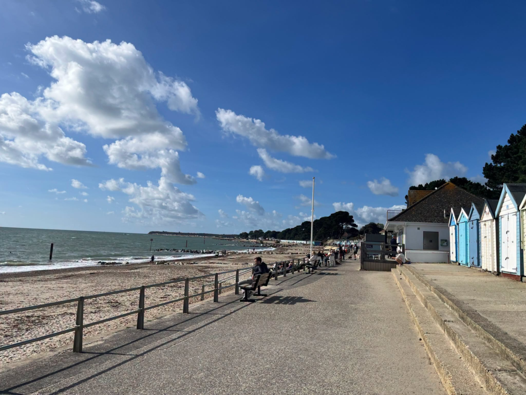 Steamer Point Nature Reserve beach with colorful huts and people relaxing.