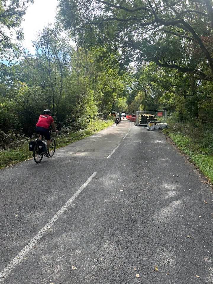 Cyclist on Hythe Road, Marchwood, with roadworks ahead.