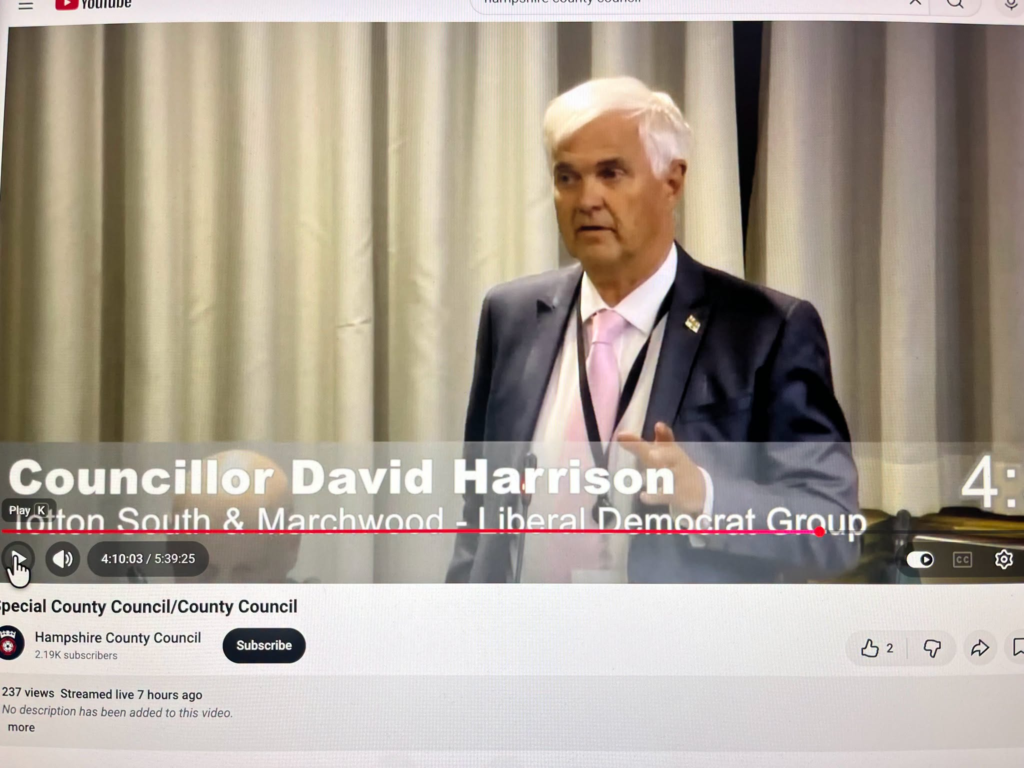Councillor David Harrison speaking at Hampshire County Council meeting