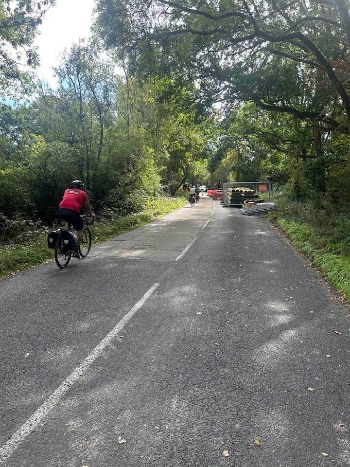 Cyclists on Hythe Road, Marchwood, with roadworks and restored access