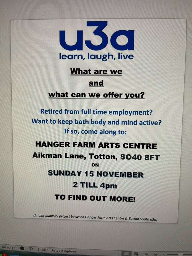U3A recruitment day flyer at Hanger Farm Arts Centre on Sunday 15 November.
