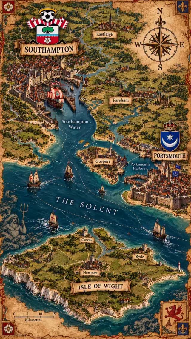 Vintage map of Southampton and Isle of Wight with ships and compass rose