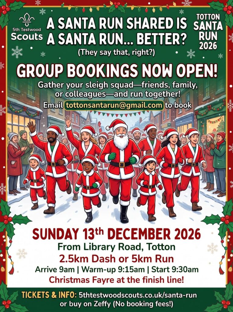 Group of people in Santa suits participating in a Santa Run in Totton