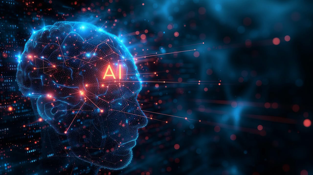 Digital human head with glowing AI text, representing artificial intelligence.